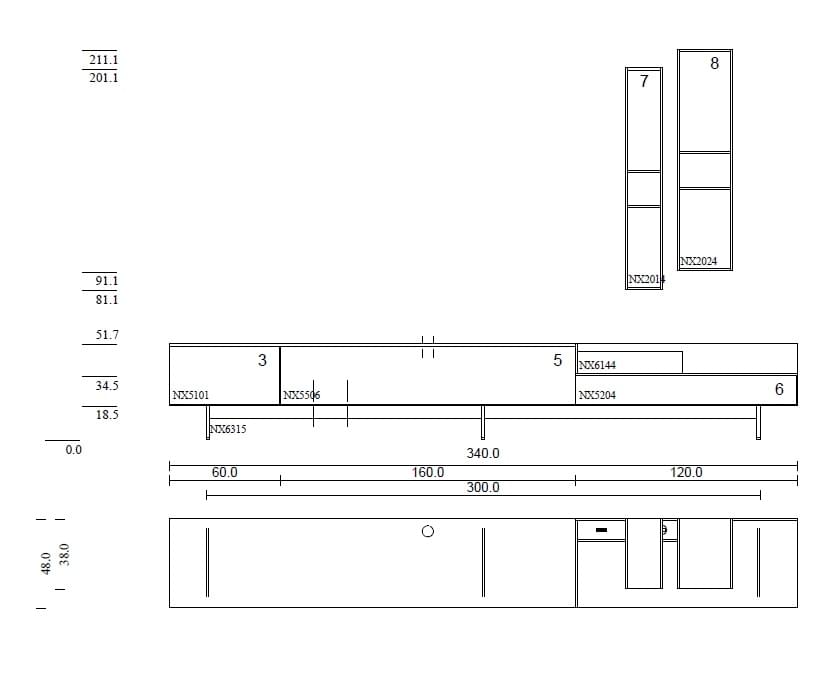 NX5506 Kombi 340cm für Soundbar Integration (ohne Hängeschränke)